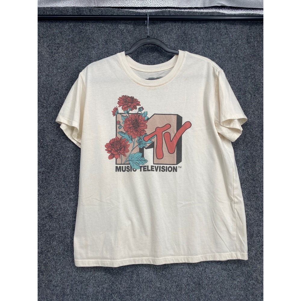 MTV Graphic T-Shirt Floral Logo Cream Mens Size Large Short Sleeve Music Tee